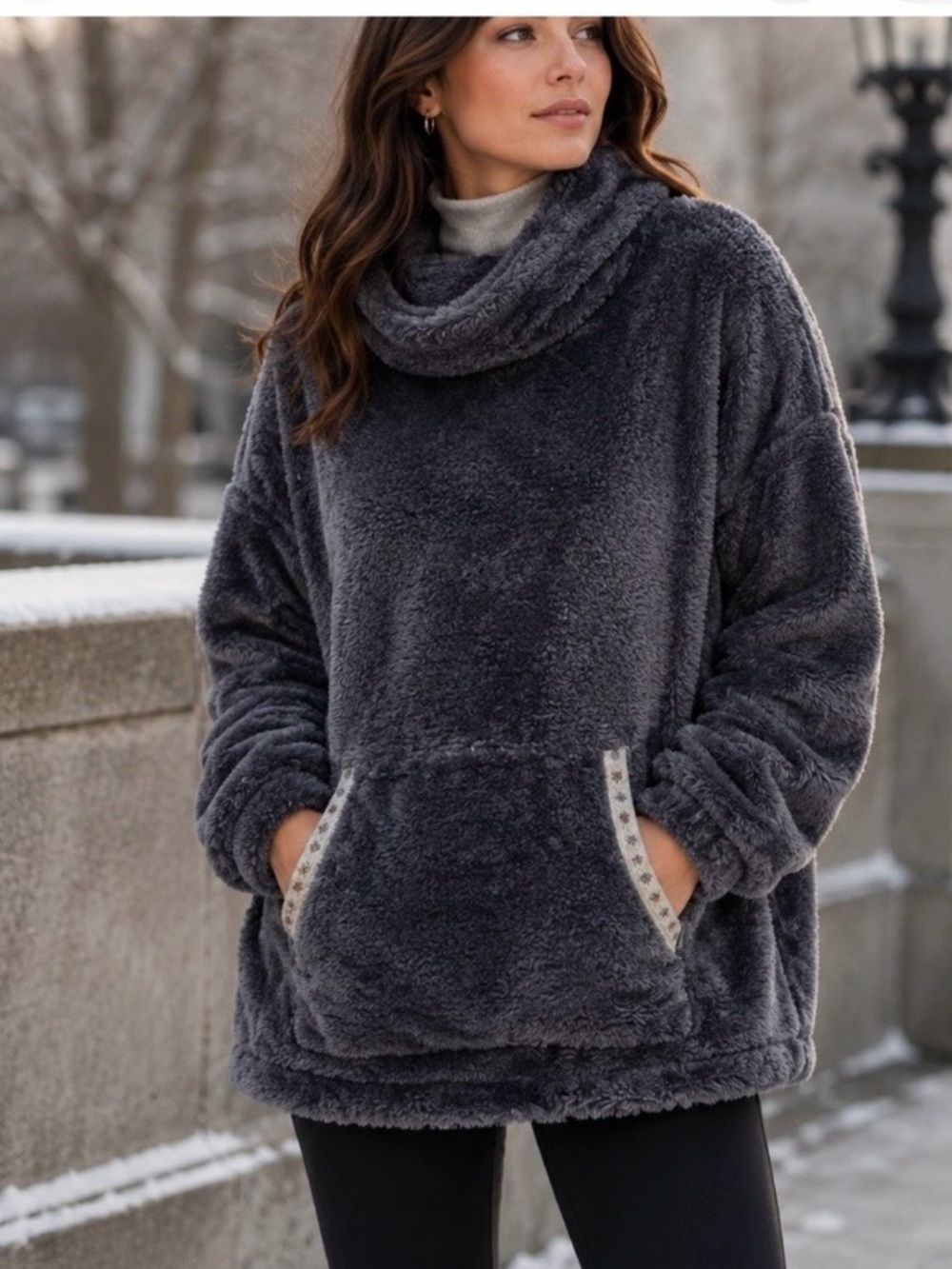Sundance Plush Funnel Cowl Neck Sherpa Mountain Teddy Pullover - Charcoal Gray